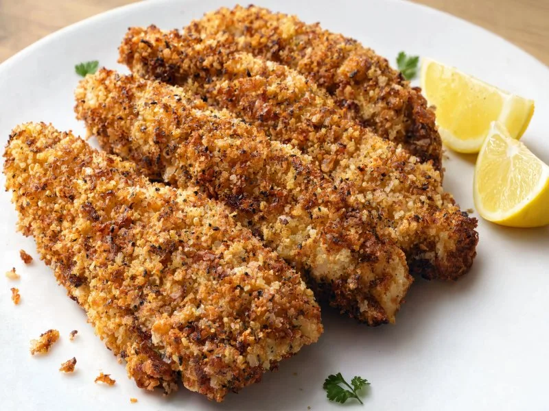 One Pan Tuscan Chicken – Easy, Creamy, and Ready in 30 Minutes 7 Baked lemon pepper chicken tenders recipe - crispy golden chicken on white plate