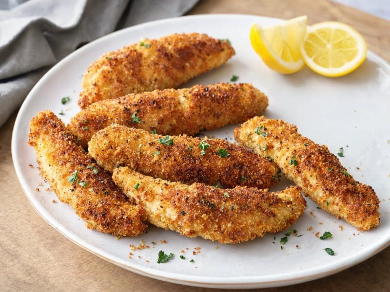 Crispy oven-baked lemon pepper chicken tenders with golden panko coating