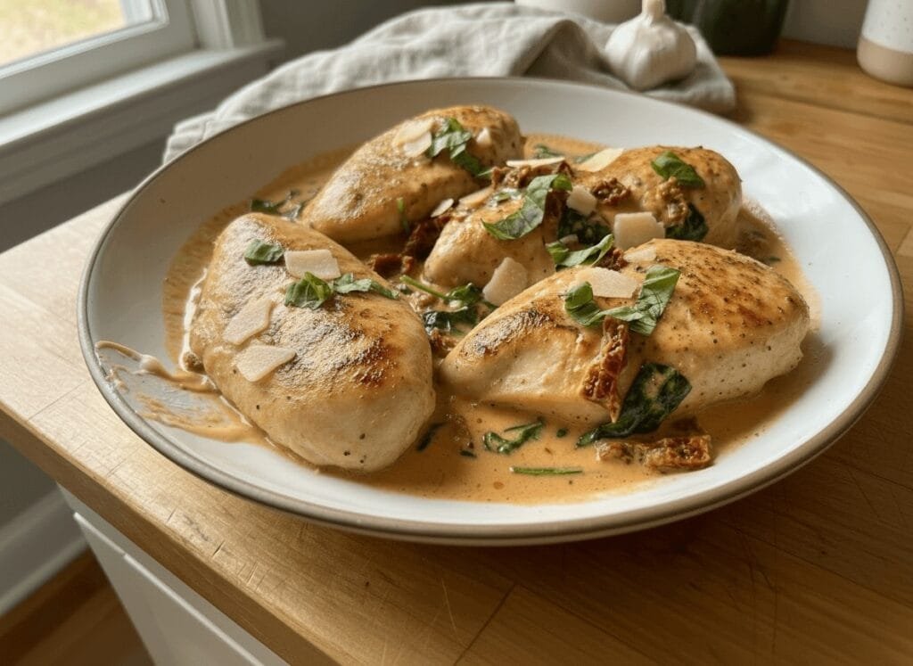 One Pan Tuscan Chicken – Easy, Creamy, and Ready in 30 Minutes 4 Easy one pan Tuscan chicken dinner with golden seared chicken and sun-dried tomato cream sauce
