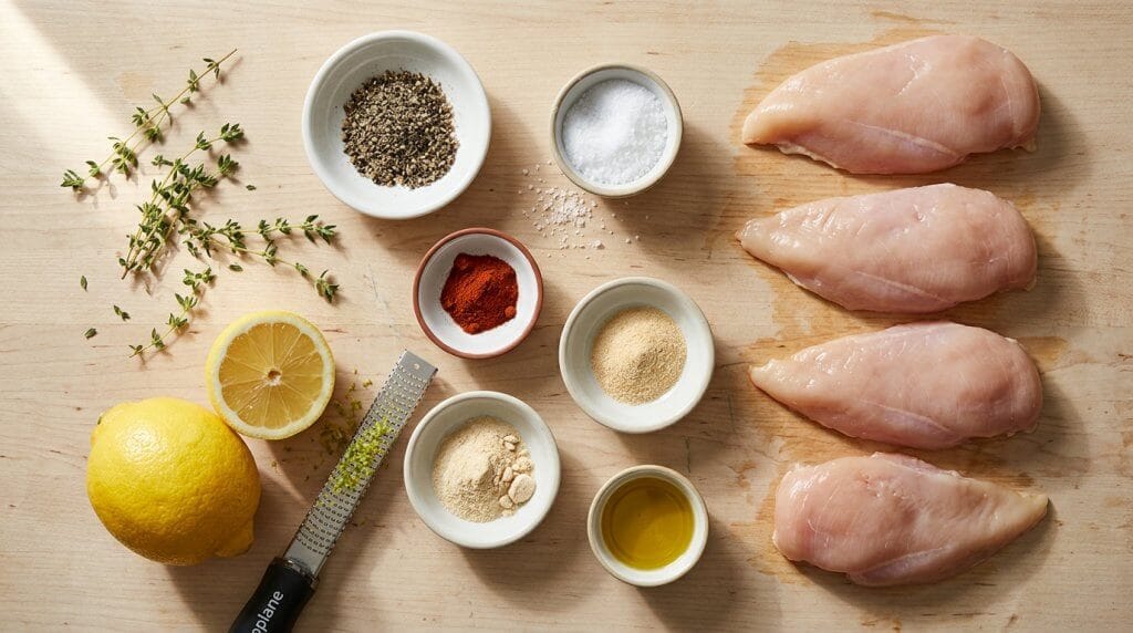 Fresh ingredients for easy lemon pepper chicken breast recipe including lemon, cracked pepper, and spices