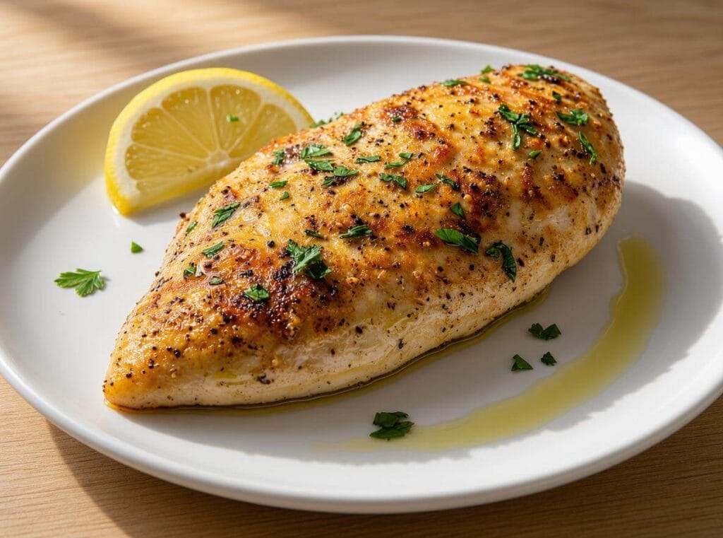 Golden lemon pepper roasted chicken breast on a white plate — juicy and oven-roasted