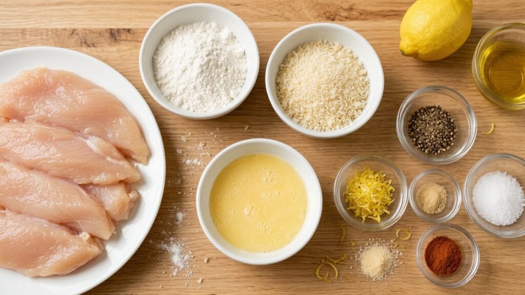 Ingredients for baked lemon pepper chicken tenders laid out on wooden surface