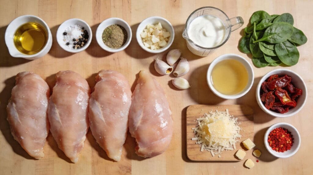 One Pan Tuscan Chicken – Easy, Creamy, and Ready in 30 Minutes 2 Ingredients for one pan Tuscan chicken including chicken breasts, heavy cream, sun-dried tomatoes, spinach, and Parmesan