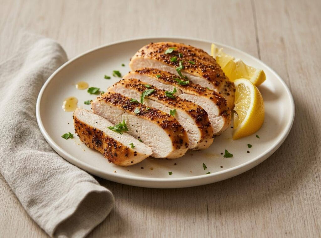 Lemon pepper roasted chicken breast sliced on a plate with lemon wedges and fresh parsley
