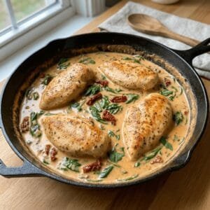 One Pan Tuscan Chicken – Easy, Creamy, and Ready in 30 Minutes 3 One pan Tuscan chicken in a cast iron skillet with creamy sun-dried tomato sauce and wilted spinach