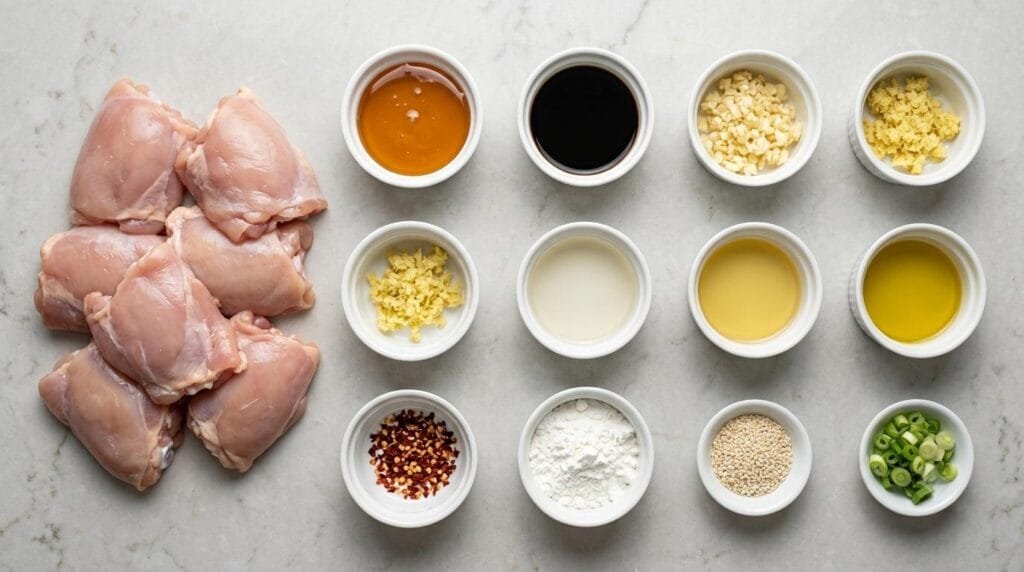 Instant Pot Honey Garlic Chicken Thighs – Sticky, Sweet, and Ready in 20 Minutes 2 All ingredients for Instant Pot honey garlic chicken thighs laid out flat on a marble surface