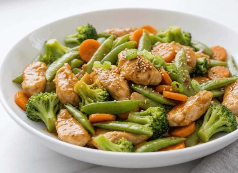 Chicken stir fry with frozen vegetables recipe ready in 20 minutes, featuring glossy sauce-coated chicken and colorful vegetables