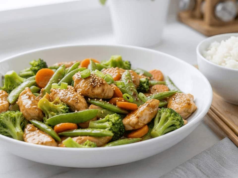 Chicken stir fry with frozen vegetables served in white bowl with rice, featuring golden chicken, broccoli, carrots, and snap peas coated in glossy sauce (1)