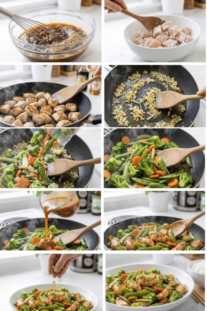 Collage showing how to cook Chicken Stir Fry with Frozen Vegetables step by step