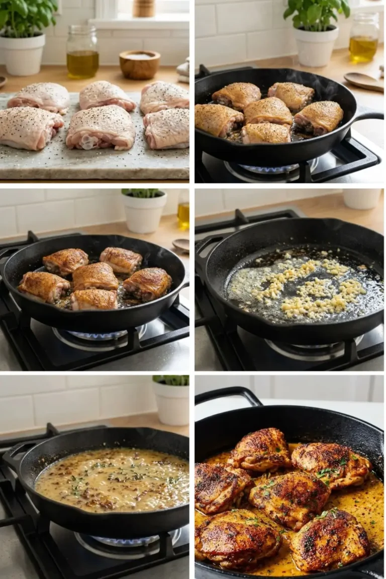Collage showing how to cook Skillet Chicken Thighs step by step