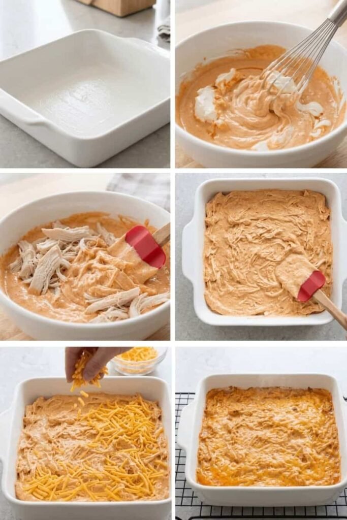 Collage showing how to cook high protein buffalo chicken dip step by step