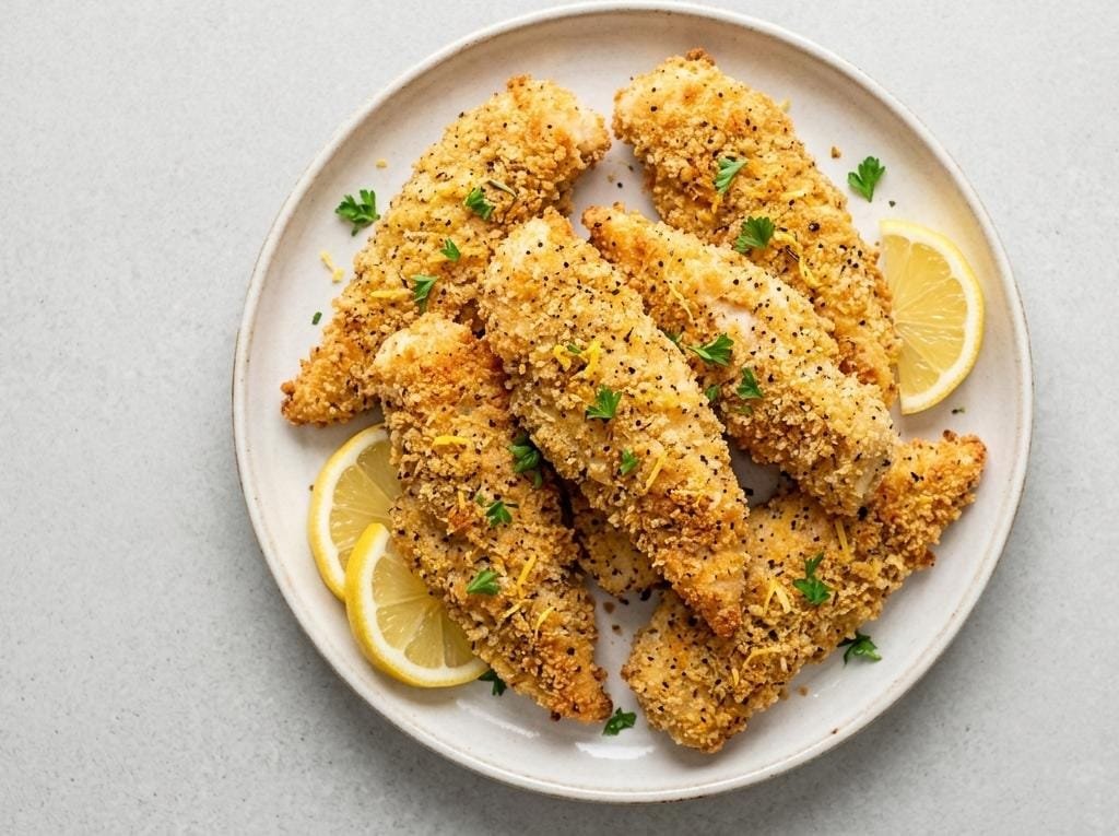Baked Lemon Pepper Chicken Strips (Crispy, Healthy & 30 Minutes to Make) 4 Crispy baked lemon pepper chicken strips garnished with fresh parsley on a wooden kitchen counter