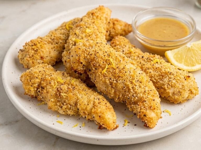 Golden baked lemon pepper chicken strips with visible breadcrumb crust