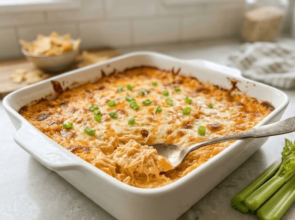 High protein buffalo chicken dip in white baking dish with golden cheese topping