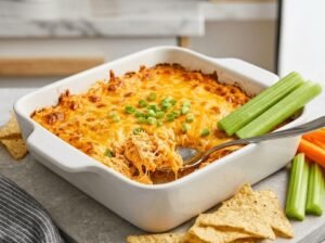 High protein buffalo chicken dip with melted cheese ready to serve