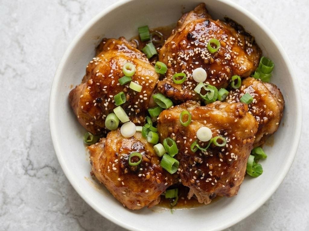 Instant Pot Honey Garlic Chicken Thighs – Sticky, Sweet, and Ready in 20 Minutes 4 Instant Pot honey garlic chicken thighs coated in glossy sauce and garnished with green onions and sesame seeds