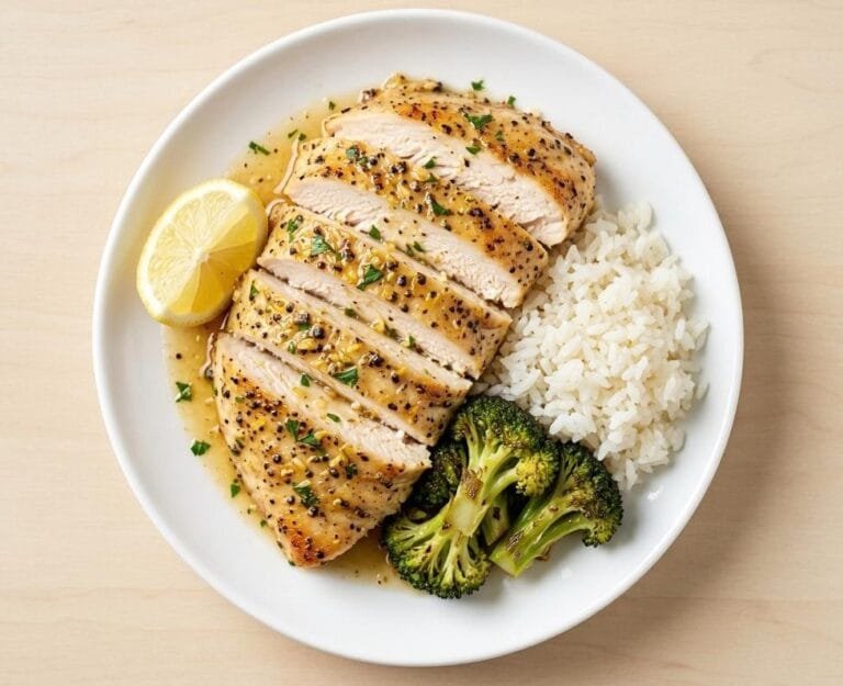 Lemon Pepper Baked Chicken Breast plated on a ceramic dish