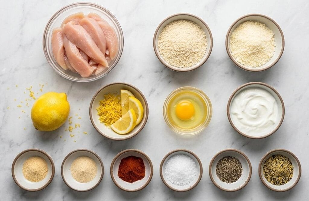 Baked Lemon Pepper Chicken Strips (Crispy, Healthy & 30 Minutes to Make) 2 Lemon pepper chicken strip ingredients including panko breadcrumbs, Parmesan, fresh lemon, and raw chicken