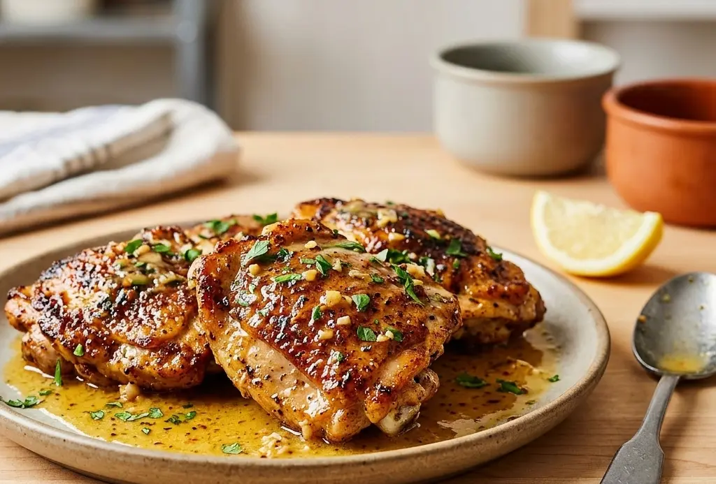 Skillet chicken thighs with garlic butter pan sauce