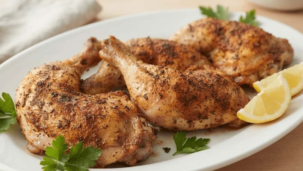 Baked Chicken Leg Quarters Recipes – Crispy Skin, Juicy Meat, Easy Dinner 4 Baked chicken leg quarters with crispy golden skin on white platter with lemon