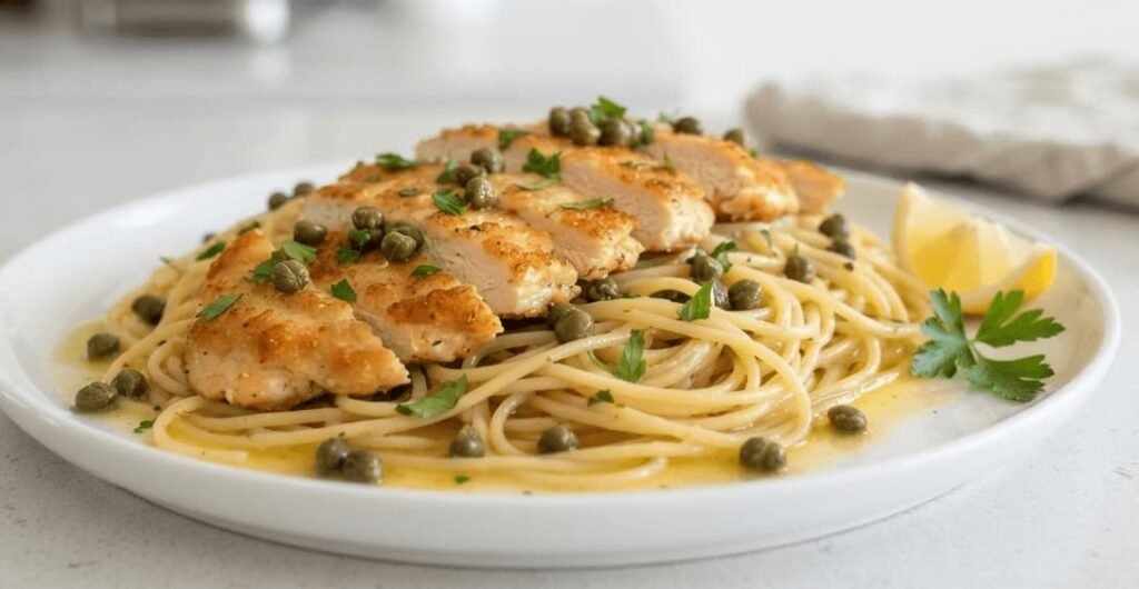 Chicken piccata and pasta with lemon caper sauce on white plate