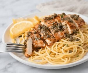 Chicken piccata and pasta recipe with lemon caper butter sauce
