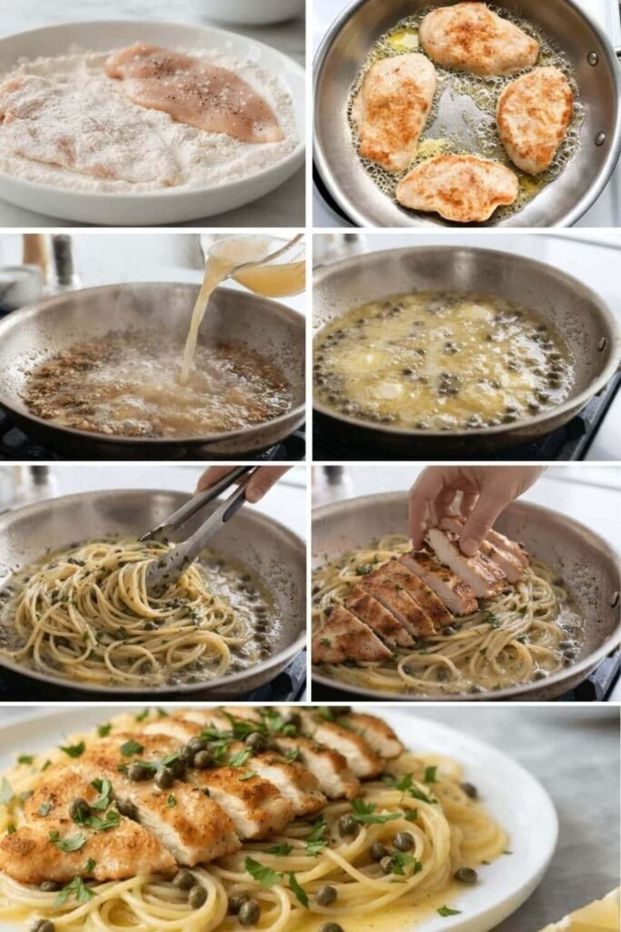 Collage showing how to cook Chicken Piccata and Pasta Recipe step by step