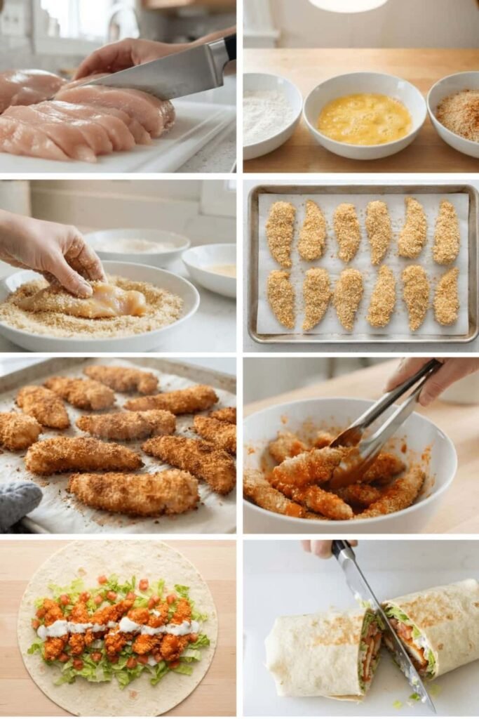 Collage showing how to cook Crispy Buffalo Chicken Wrap Recipe step by step