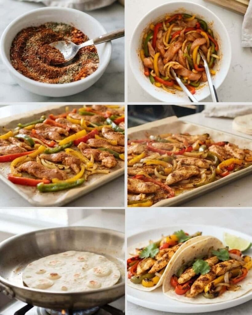 Collage showing how to cook Easy Oven Baked Chicken Fajitas step by step
