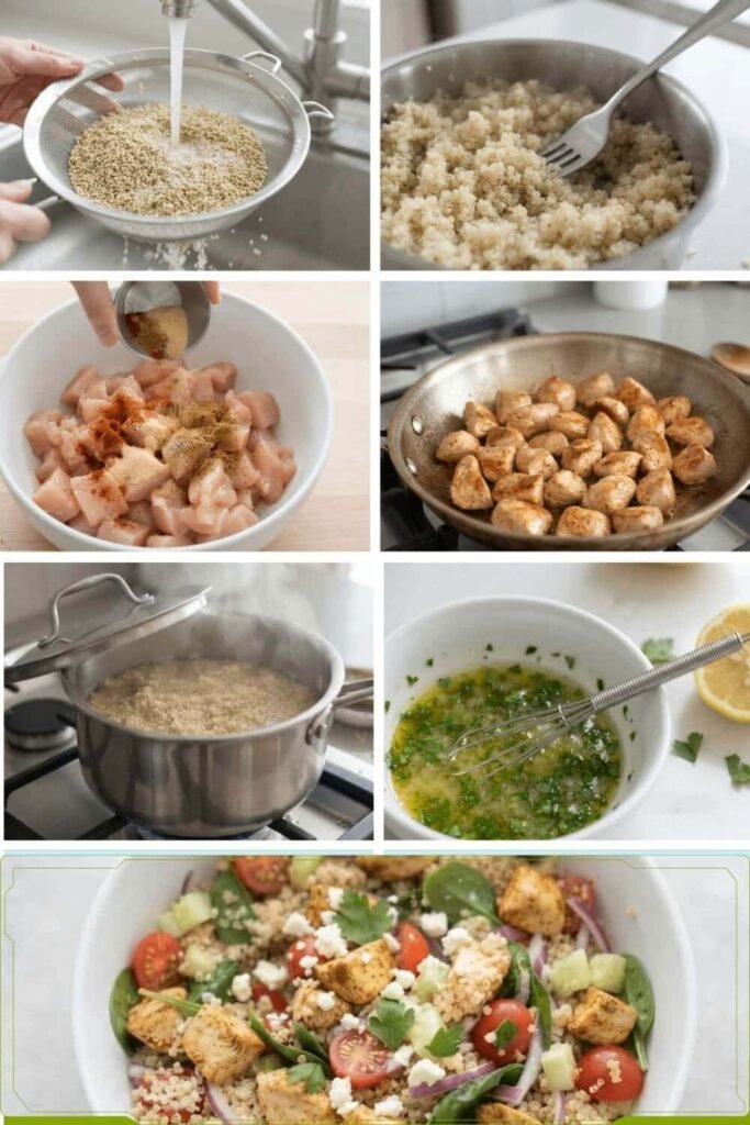 Collage showing how to cook Quinoa Recipe with Chicken step by step