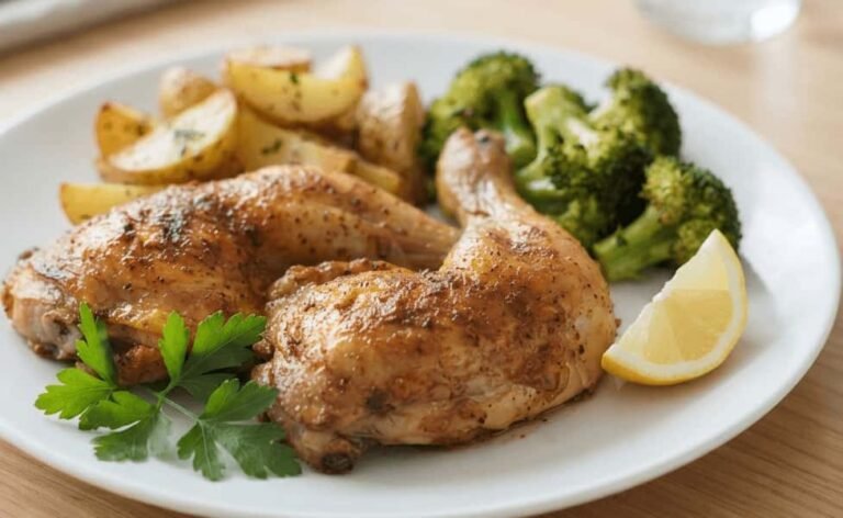 Crispy Baked Chicken Leg Quarters Recipes with golden brown skin on white plate