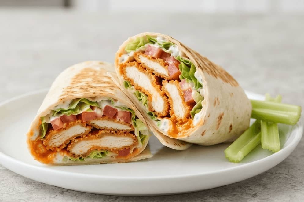 Crispy buffalo chicken wrap cut in half showing chicken, lettuce and ranch dressing