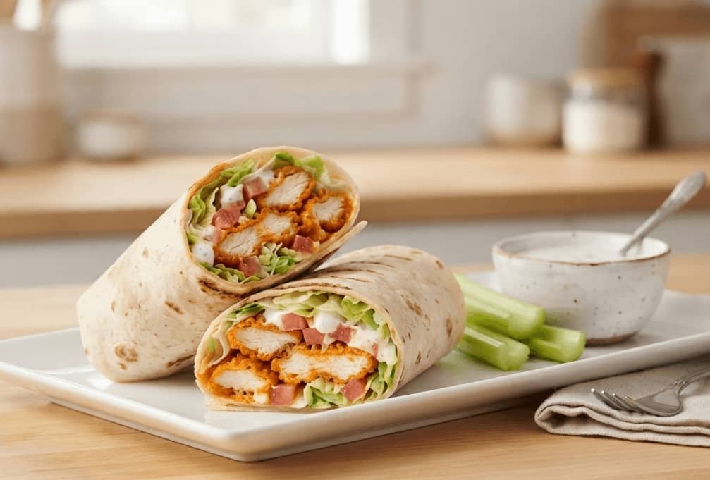 Crispy buffalo chicken wrap recipe with golden breaded chicken and fresh vegetables