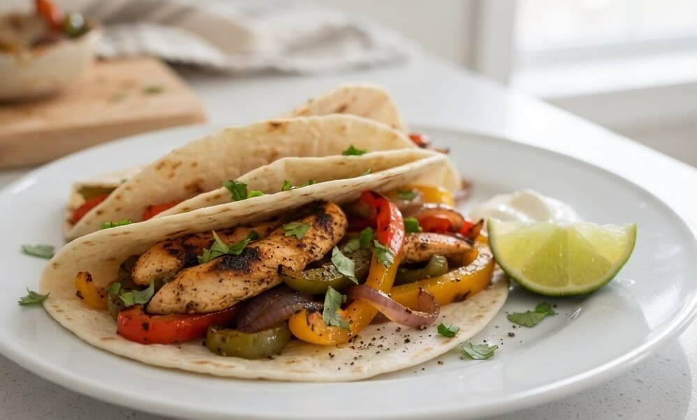 Easy oven baked chicken fajitas served in tortillas with colorful peppers