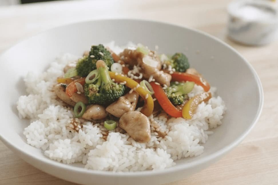 Finished teriyaki chicken rice bowl with vegetables and sesame seeds