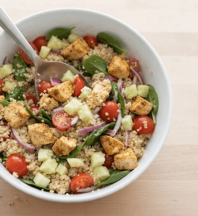 Quinoa recipe with chicken featuring fresh tomatoes, cucumber and spinach