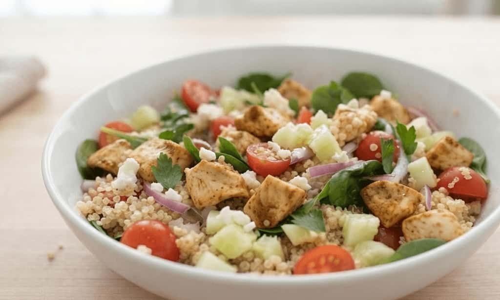Quinoa recipe with chicken topped with cherry tomatoes, cucumber and parsley
