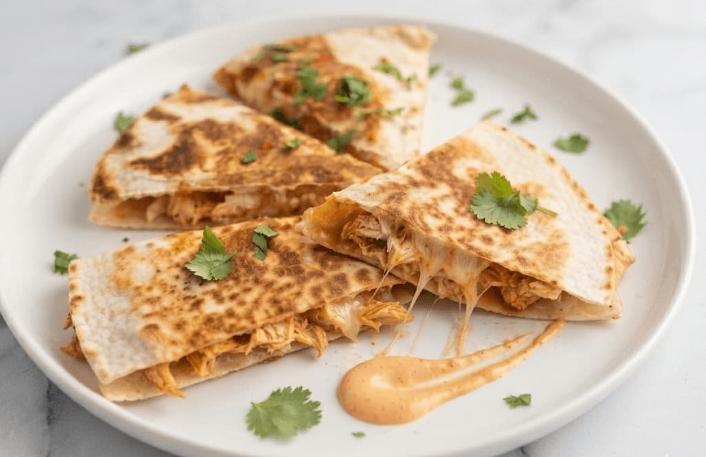 Taco Bell chicken quesadilla copycat sliced into wedges with dipping sauce