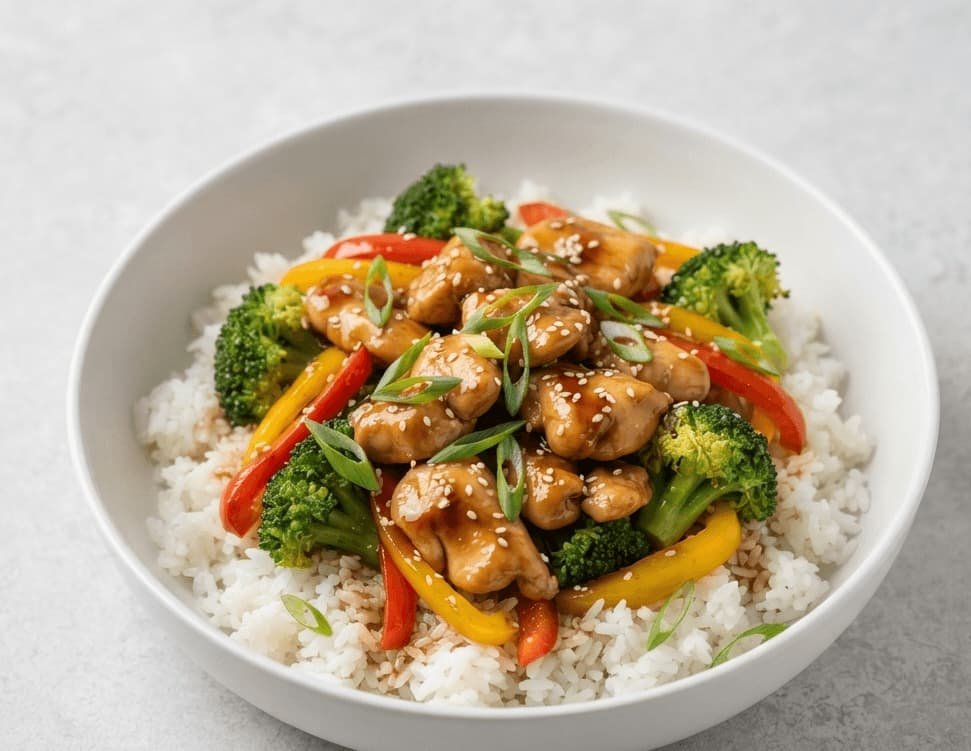 Teriyaki chicken rice recipe with glazed chicken and stir-fried vegetables